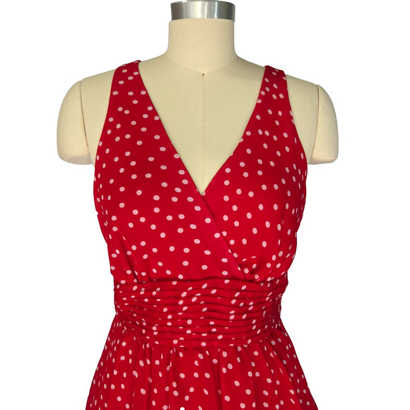 Vintage Y2K does 50s Red Polka Dot Fit & Flare Dress Size 6 V Neck Pin Up Retro - Picture 3 of 9